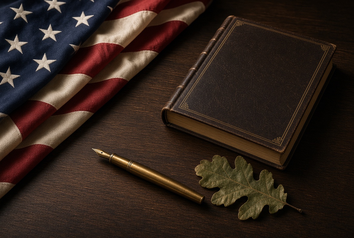 Folded American flag, a county minute book, a brass pen, and an oak leaf